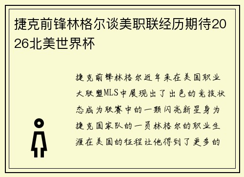 捷克前锋林格尔谈美职联经历期待2026北美世界杯